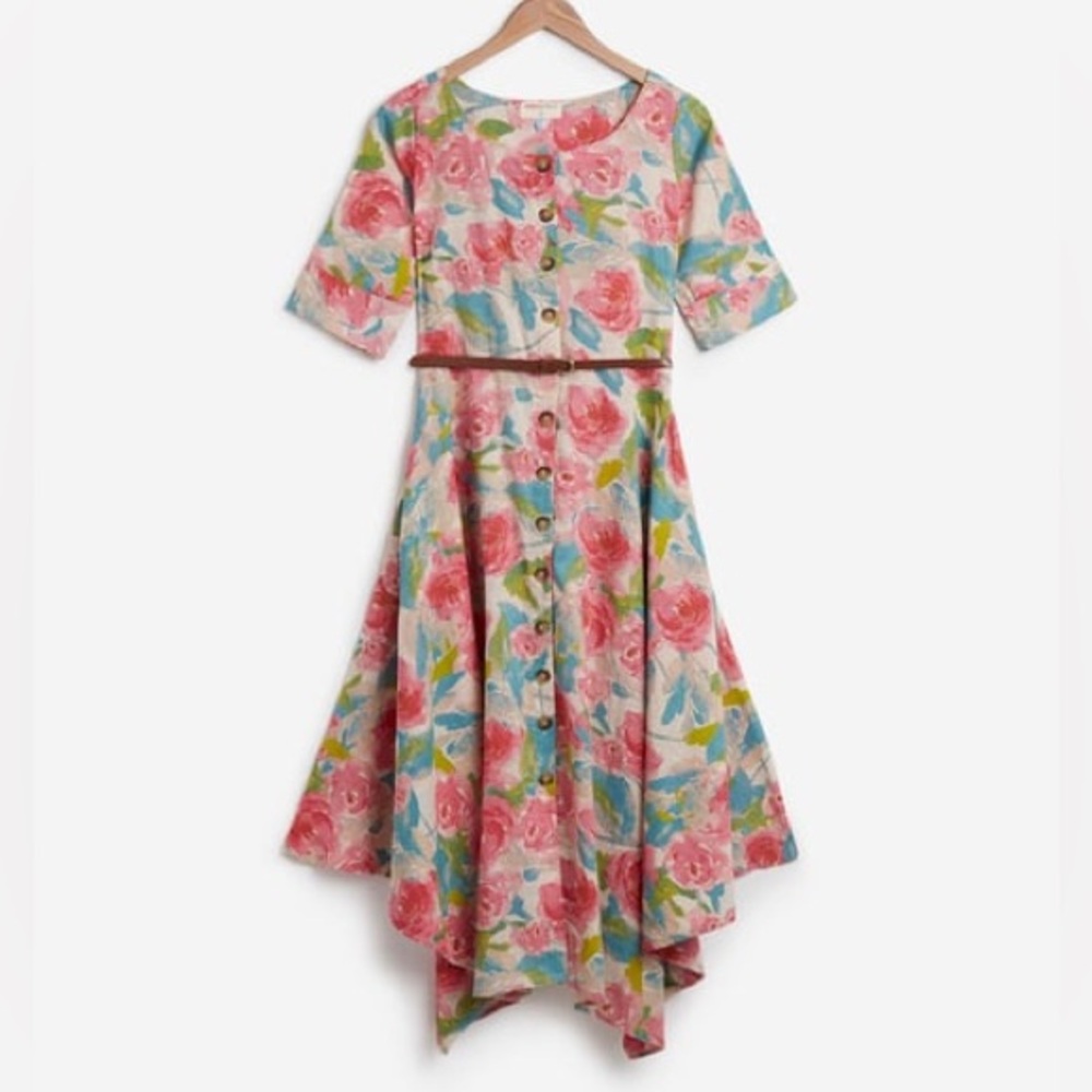 Bombay Paisley Colourful Summer Asymmetrical hem Button Down Short Sleeve Dress